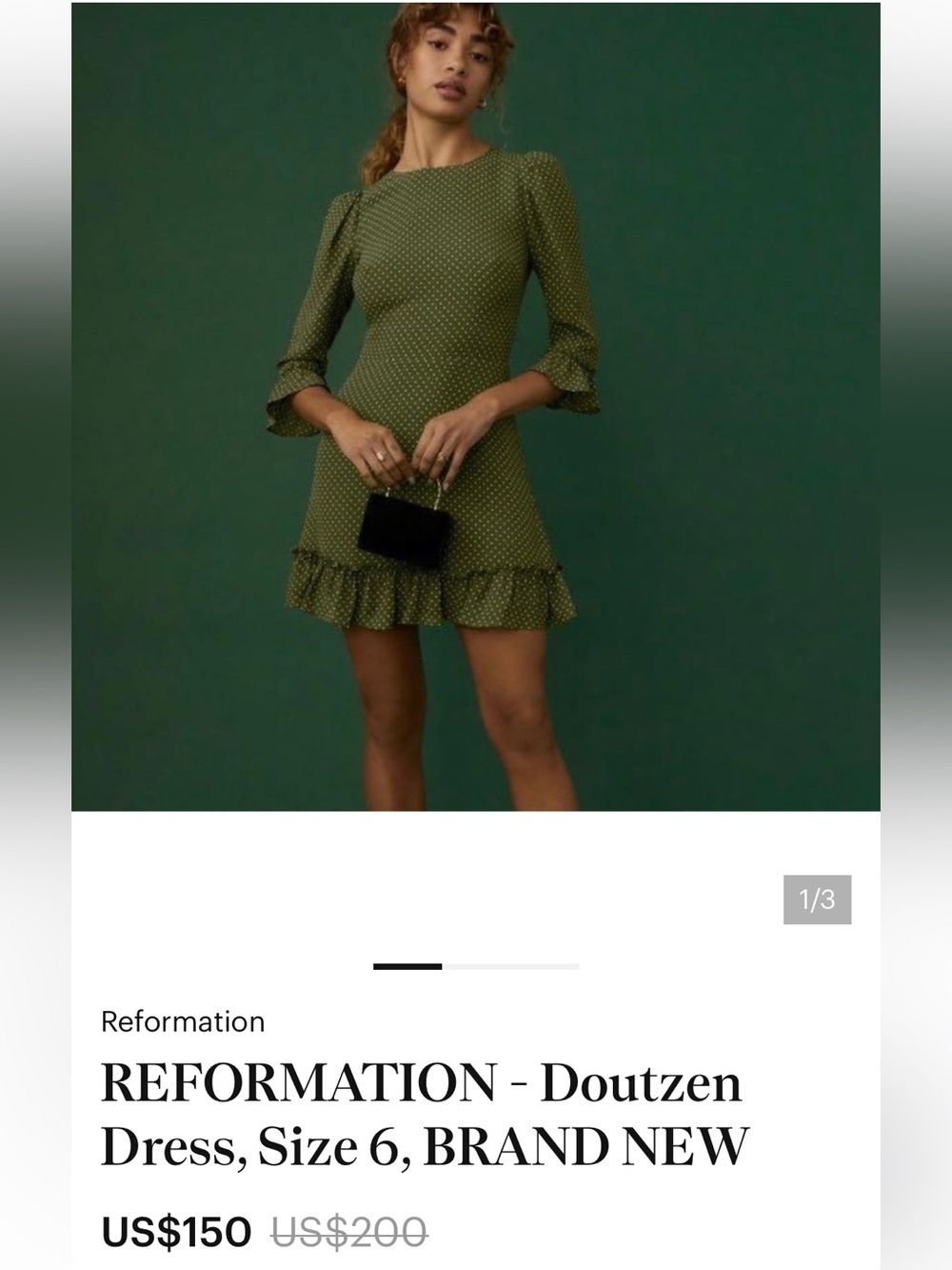 Reformation Doutzen Green White Polka Dot Ruffle Hem mini Dress size 2 - Picture 9 of 9